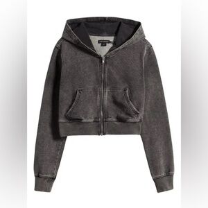 Good American Jeanius Shrunken French Terry Zip Cropped Hoodie Washed Black Grey